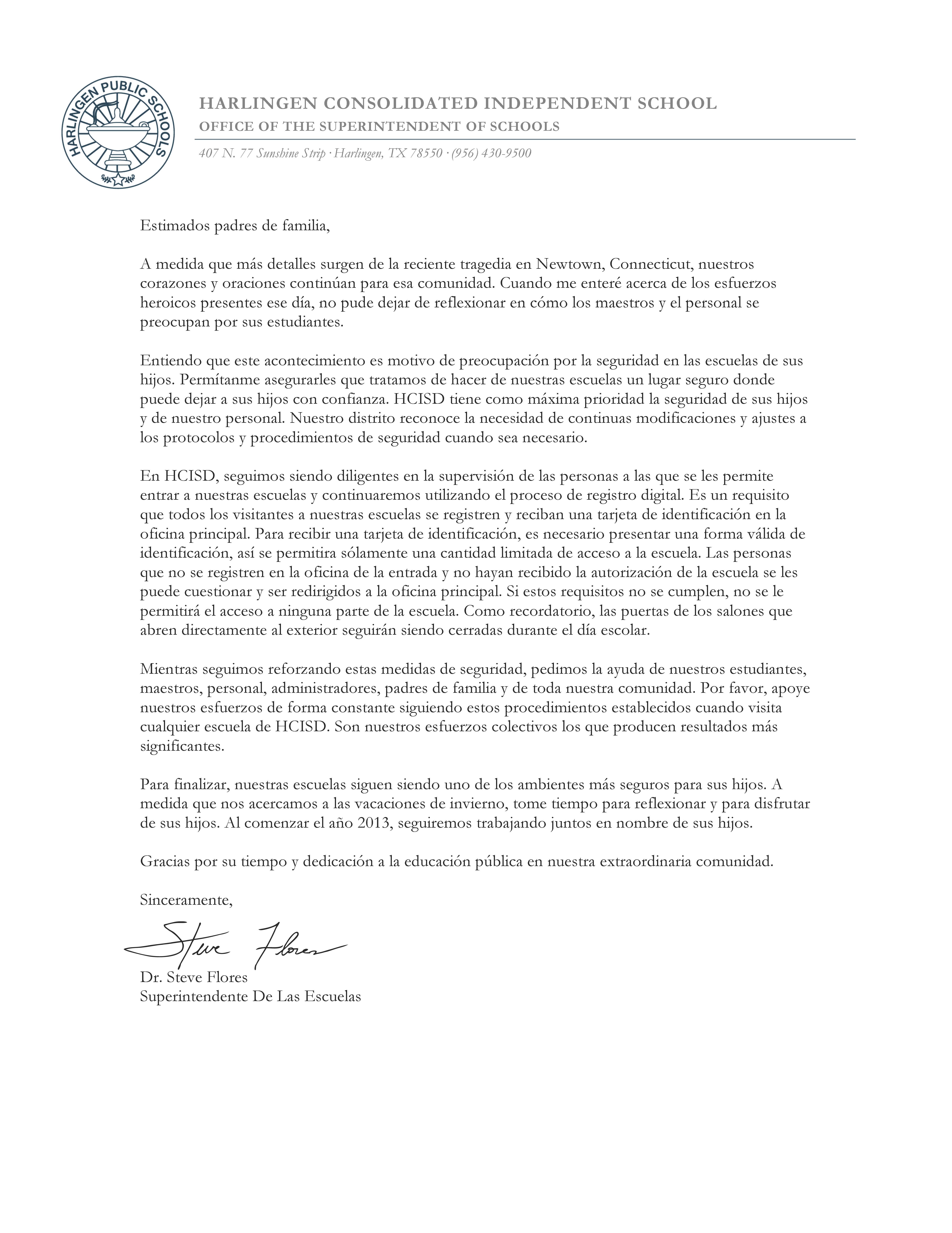 Para los padres de HCISD: Superintendente Dr. Steve Flores’ mensaje de la seguridad escolar