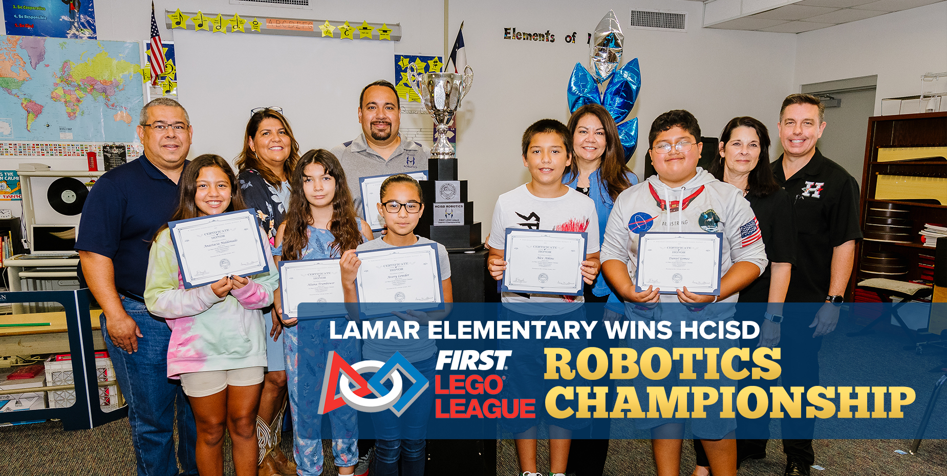 Primaria Lamar gana el Campeonato de Robótica FLL de HCISD.